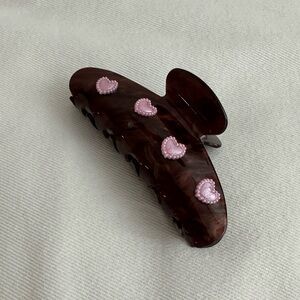 Brown Hair Claw Clip with Pink Heart Accents